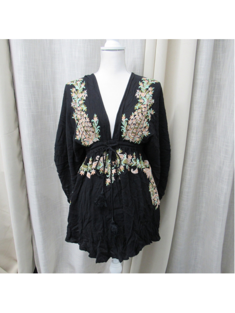 Free People XS Black Embroidered Plunge V-Neck Boho Tassel Mini Dress